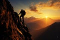 Bold silhouette climber ascends a rocky cliff in mountainous wilderness