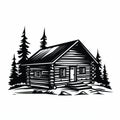 Bold Stencil Illustration Of Isolated Log Cabin In Forest