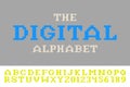 Bold stylish bright digital font. Vector English alphabet. Unusual Latin letters and numerals