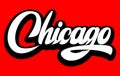 A bold and stylish cursive script of the word Chicago set against a vibrant red background creating a striking visual impact