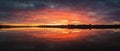Bold sunset panorama over Delia lake, Moldova. Cloudy dusk sky and red sunlight reflection on the water surface. Dramatic dusk Royalty Free Stock Photo