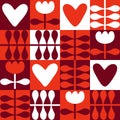 Bold Swiss style seamless pattern with tulip flowers and hearts. Geometric print for tee, paper, fabric, textile. Retro style