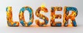 Bold text LOSER in fiery 3D letters on a clean white background, symbolizing defeat, failure, or low self-esteem in a stark