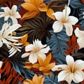 Bold tropical flower paradise seamless pattern with vibrant hibiscus, orchids, and frangipani