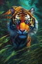 A bold and vibrant painting of a charming tiger in a jungle, animal design, art painting, neon ambience, abstract black oil