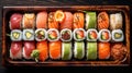 Bold And Vibrant Sushi Tray With Salmon, Tuna, Avocado, Lettuce, And Mango