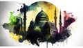 Bold watercolor painting of a mosque with splashes of green and yellow