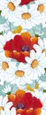 Bold white daisies and poppies in a seamless pattern