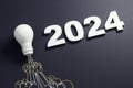 2024 in bold white letters with a glowing lightbulb, depicting foresight and strategic planning.