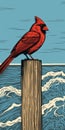 Bold Woodcut-inspired Graphics: Hyper-detailed Red Bird On Pier Near Beach