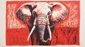 Bold Woodcut-inspired Red Elephant Painting With Strong Facial Expression