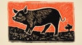 Bold Woodcut Print Of A Pig In A Bucolic Field