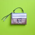 Bold woven design female handbag with silver leather flap, top handle, and zipper pull isolated on a green background