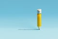 Bold yellow drawing pencil staying on blue background. 3d render