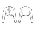 Bolero jacket technical fashion illustration with crop waist length, long sleeves, notched collar, button closure. Flat