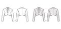 Bolero jacket technical fashion illustration with crop waist length, long sleeves, notched collar, button closure. Flat