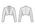 Bolero jacket technical fashion illustration with crop waist length, long sleeves, notched collar, button closure. Flat