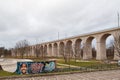 Boleslawiec, Poland. 01/04/2020. Rail viaduct over valley with river Bobr.