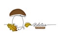 Boletus, cep, porcini wild mushroom one line art drawing. Simple vector line illustration with lettering boletus