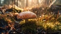 boletus mushroom in dew drops in grass in forest on a sunny summer day. Generative AI illustration