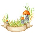 Boletus mushrooms watercolor, big mushroom with grass, spongy mushroom ribbon banner, vegetarian gourmet cuisine, autumn