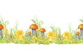 Boletus watercolor seamless border, Fly agaric mushroom with grass. Spongy mushroom, vegetarian gourmet cuisine, autumn