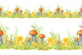 Boletus watercolor seamless border, Fly agaric mushroom with grass. Spongy mushroom, vegetarian gourmet cuisine, autumn