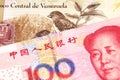 A bolivar note from Venezuela with a yuan note from the People`s Republic of China