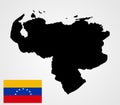 Bolivarian Republic of Venezuela map silhouette and Venezuela flag. Royalty Free Stock Photo