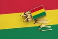 Bolivia flag is shown on an open matchbox, from which several matches fall and lies on a large flag