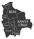 Bolivia map with departments and labels black