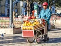 BOLIVIA, POTOSI, 4 JULY 2008: Street orange juice seller with small carriage in Potosi, Bolivia, South America Royalty Free Stock Photo
