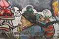 Bolivia woman Cholita with child portrait graffiti on the wall