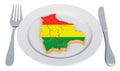Bolivian cuisine concept. Plate with map of Bolivia. 3D rendering