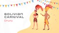 Bolivian carnival flat banner vector template. Happy latino entertainers in authentic aztec costumes cartoon characters