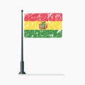 Bolivian flag with scratches, vector flag of Bolivia on flagpole with shadow.