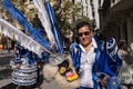 Barcelona - October 12, 2021: Guy in blue outfit during Hispanic Heritage Day