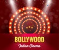 Bollywood Indian Cinema Film Banner. Indian Cinema Logo Sign Design Glowing Element with Stage