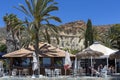 Bolnuevo, Murcia, Spain 11-05-2021 Bar restaurant Oasis de las Palmeras, on the beachfront with terrace on sunny days, especially