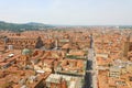 Bologna aerial cityscape of old town from the tower with Rizzoli street foreground, italian medieval landscape