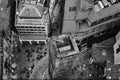 Aerial view of Bologna, Italy with one tower. City life in the historical city center. Black and white