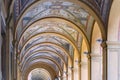 Bologna, Italy - August 6 2020: Beautifully decorated portici in Cavour square in Bologna, during a sunny day in the summer