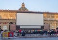 Bologna, Italy - August 8, 2019: Outdoor summer cinema in the city square, piazza del nettuno