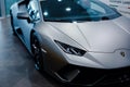 Bologna, Italy - December 9, 2019: Original Lamborghini Huracan Performante. Logo and front grill, headlights. Luxury stylish car. Royalty Free Stock Photo