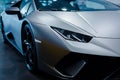 Bologna, Italy - December 9, 2019: Original Lamborghini Huracan Performante. Logo and front grill, headlights. Luxury stylish car. Royalty Free Stock Photo