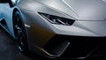 Bologna, Italy - December 9, 2019: Original Lamborghini Huracan Performante. Logo and front grill, headlights. Luxury stylish car. Royalty Free Stock Photo