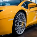 Bologna, Italy - December 9, 2019: Original yellow Lamborghini Aventador. Logo and front grill, headlights. Luxury stylish sport c Royalty Free Stock Photo