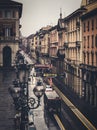 BOLOGNA, ITALY - 15 FEBRUARY, 2016: Via dell Indipendenza street in Bologna during a light rain Royalty Free Stock Photo