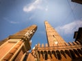 Two famous falling towers Asinelli and Garisenda, Bologna, Emilia-Romagna Royalty Free Stock Photo