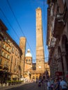 Two famous falling towers Asinelli and Garisenda, Bologna, Emilia-Romagna